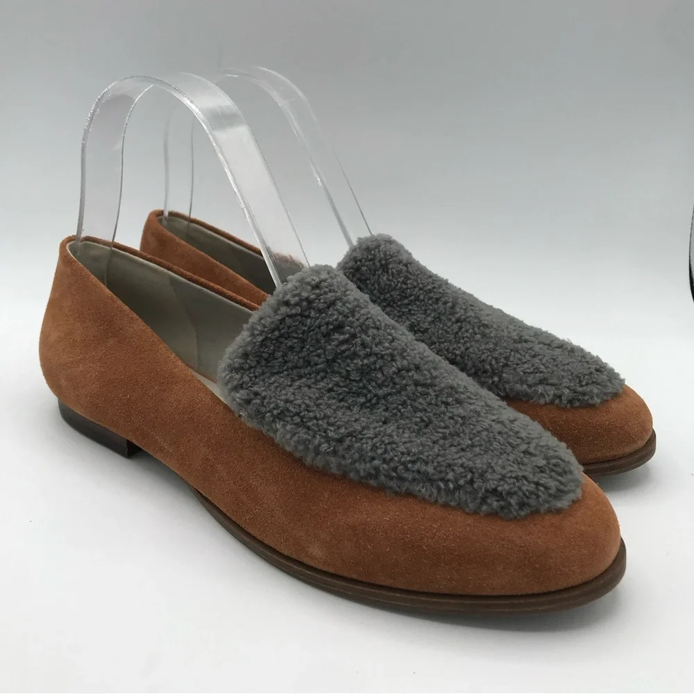 Lori‎ Goldstein Women's Greer Loafers Shoe Size 7.5M Tan Suede Gray Faux Fur EUC